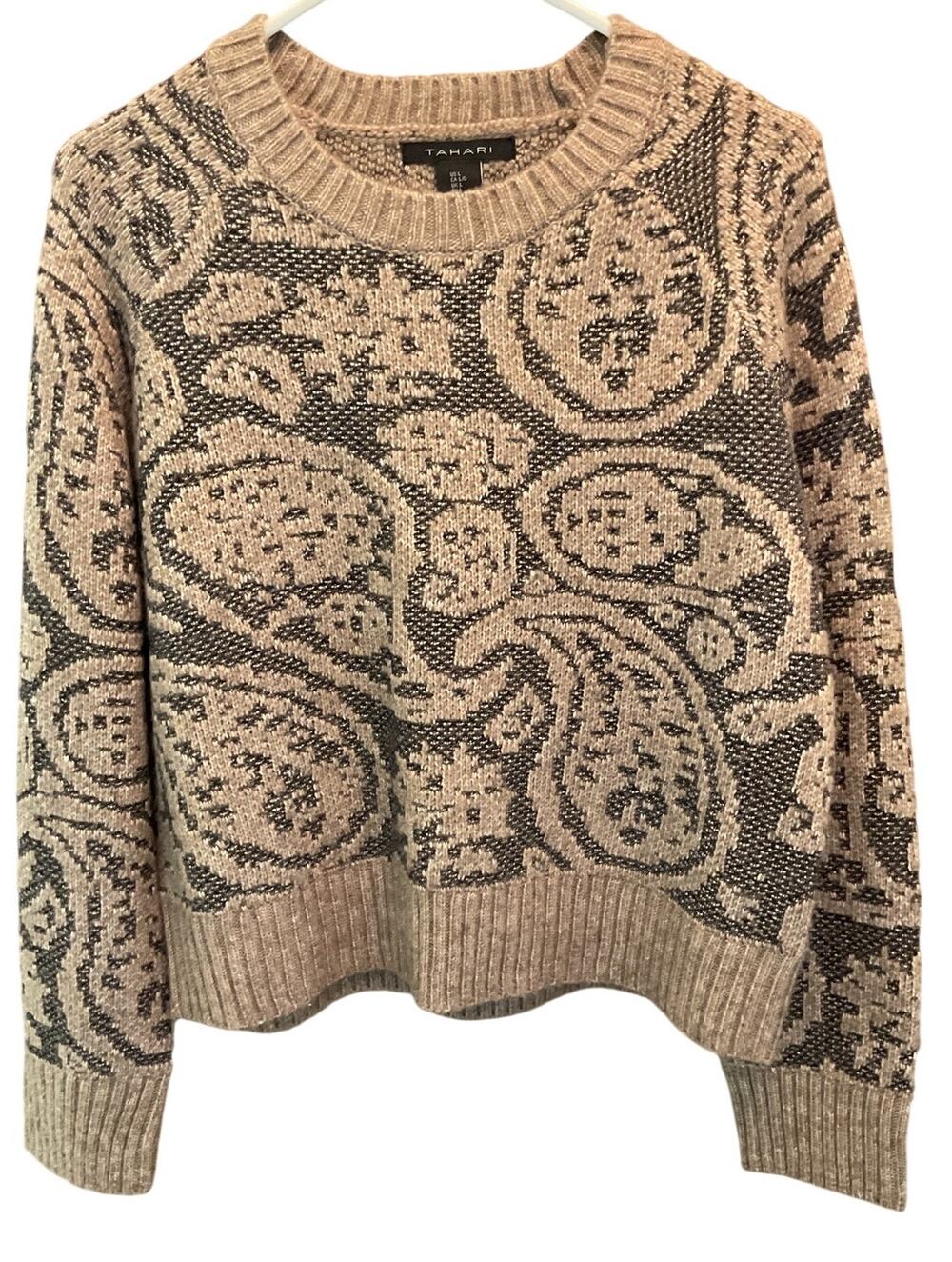 Tahari Beige/Brown Crewneck Knit Pullover Paisley Sweater Women's Large